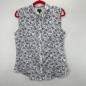 Talbots Wrinkle Resistant Blouse Shirt 10 Navy White Bow Ribbon Print Sleeveless
